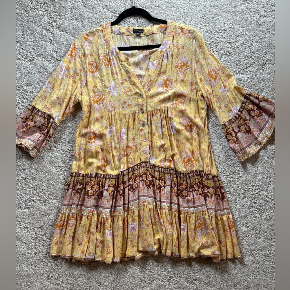 Coco + Carmen Floral Yellow and Brown Boho Dress